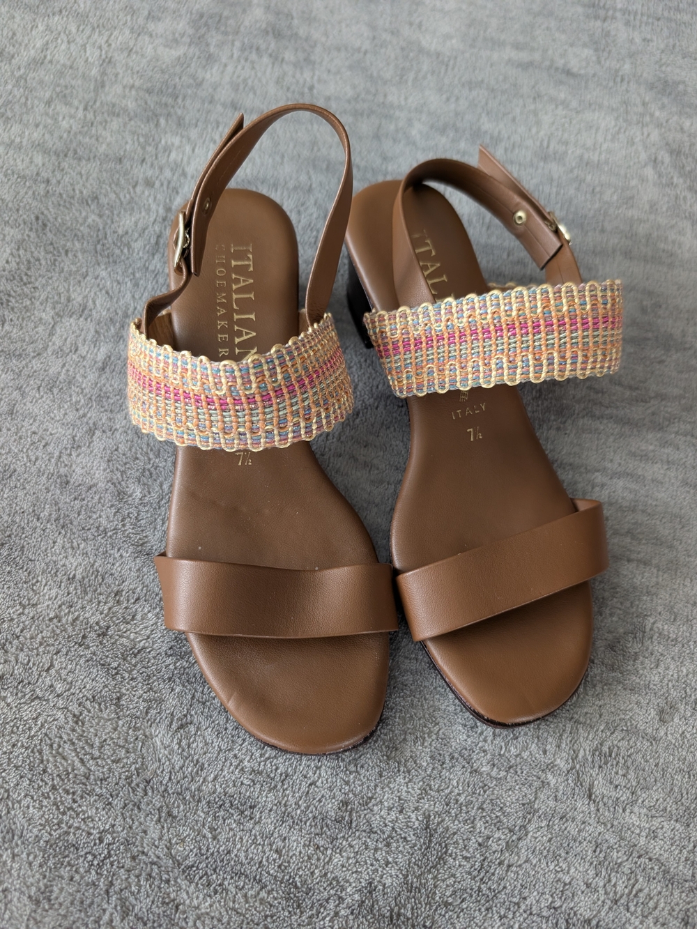 Italian Shoemakers Brown Leather Slingback Sandals with Multicolor Woven Strap